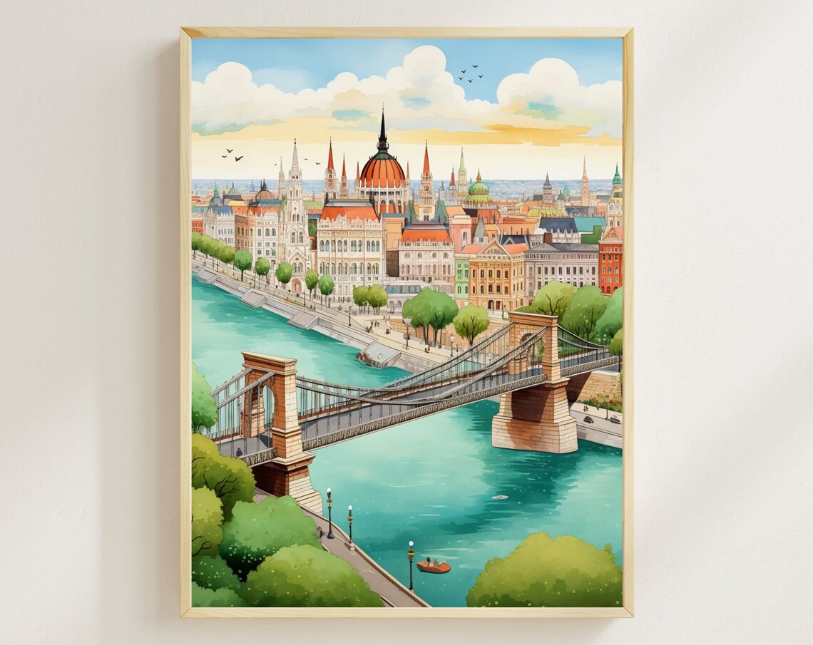 Budapest Travel Poster, Chain Bridge and Parliament