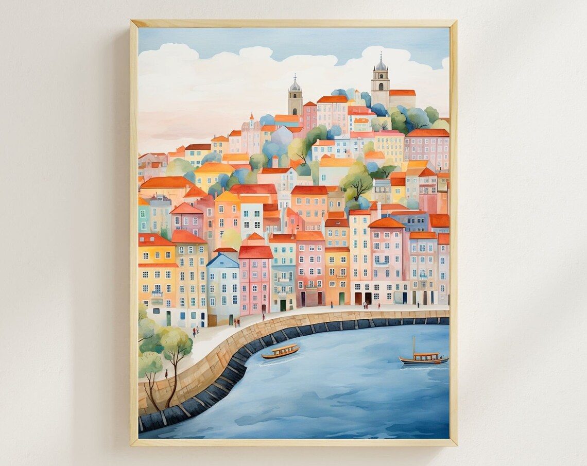 Porto Portugal Watercolor Art Print, Ribeira Douro