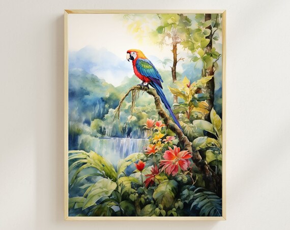 Costa Rica Watercolor Print, Scarlet Macaw Waterfall