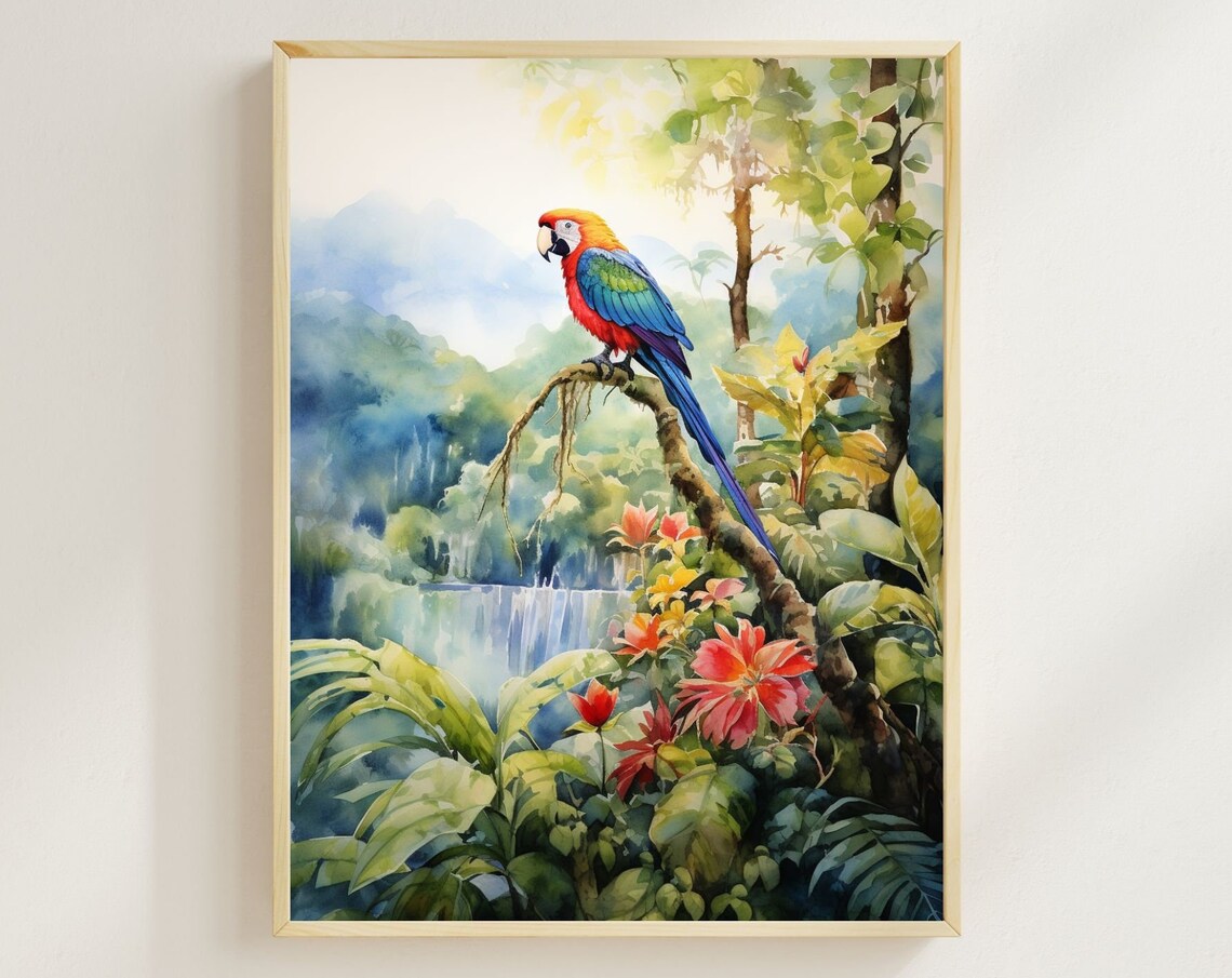 Costa Rica Watercolor Print, Scarlet Macaw Waterfall