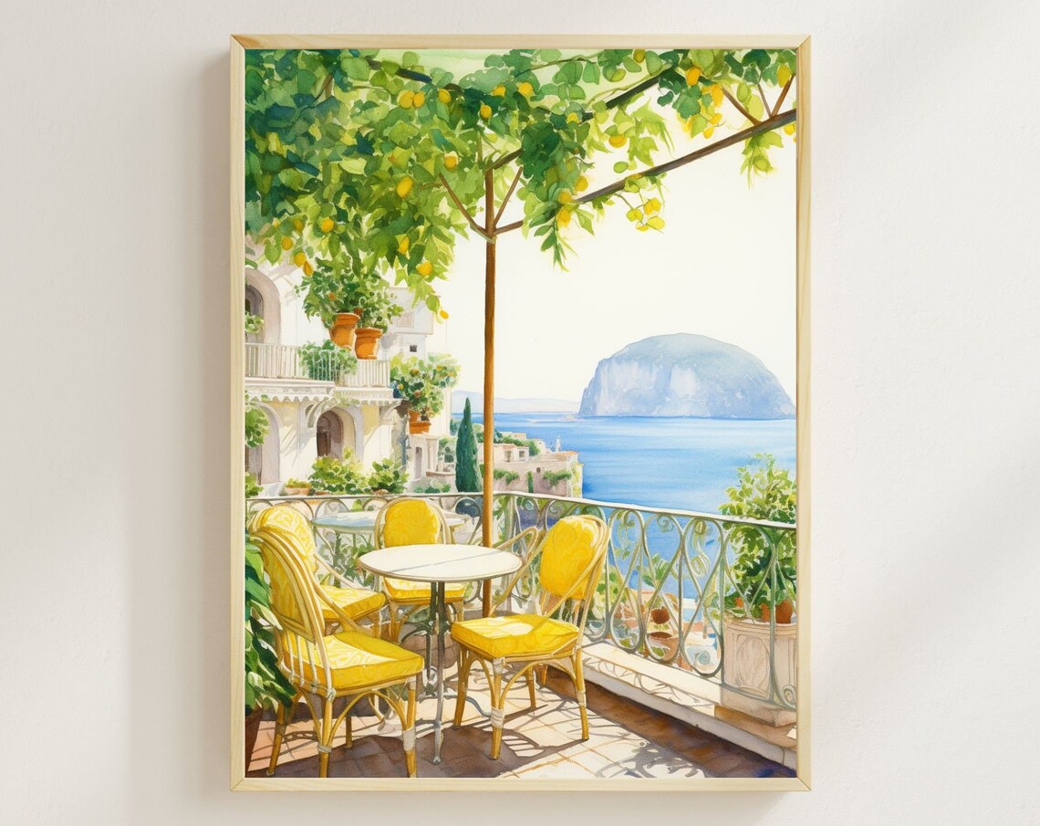 Capri Lemon Tree Terrace Overlooking Sea Watercolor Travel Poster