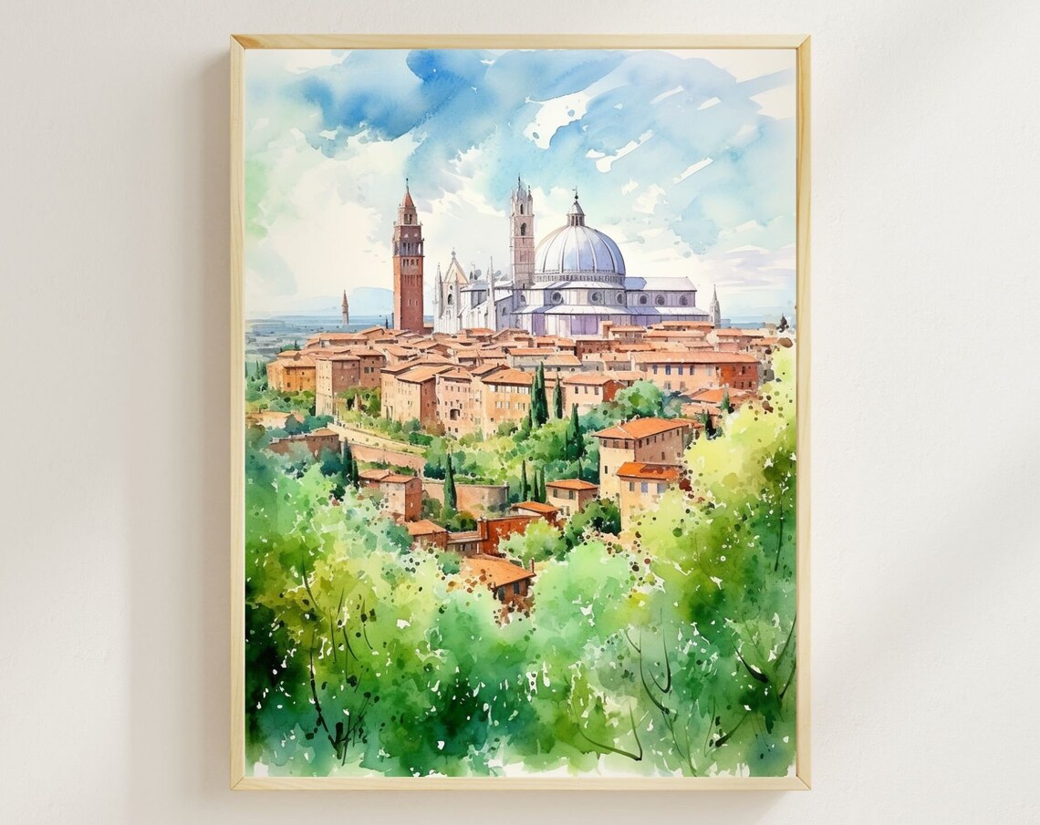 Siena Italy Cathedral Dome Watercolor Hilltop Tuscany Travel Poster