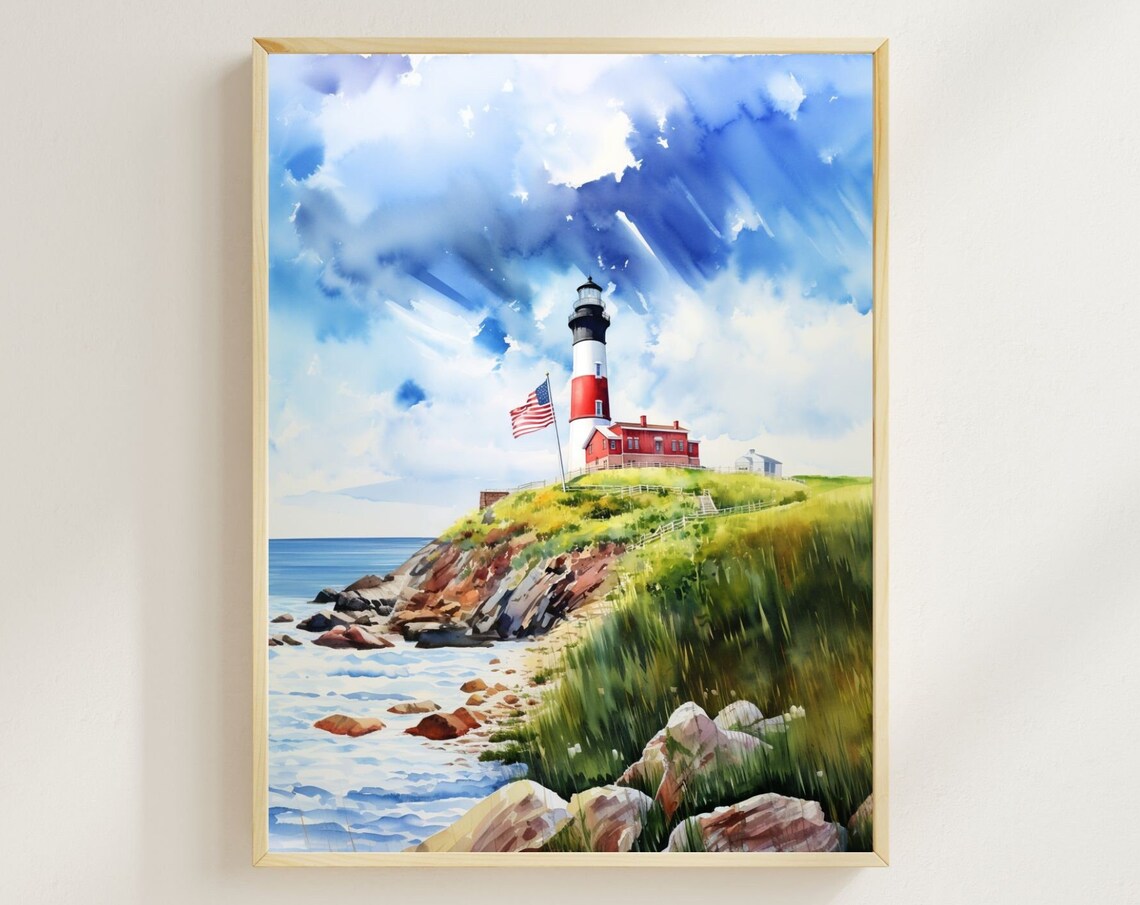 Montauk Point Lighthouse Watercolor Travel Poster