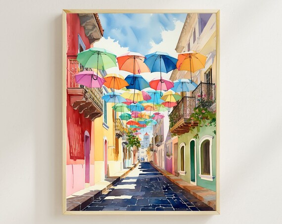 San Juan Street Watercolor Travel Poster, Puerto Rico