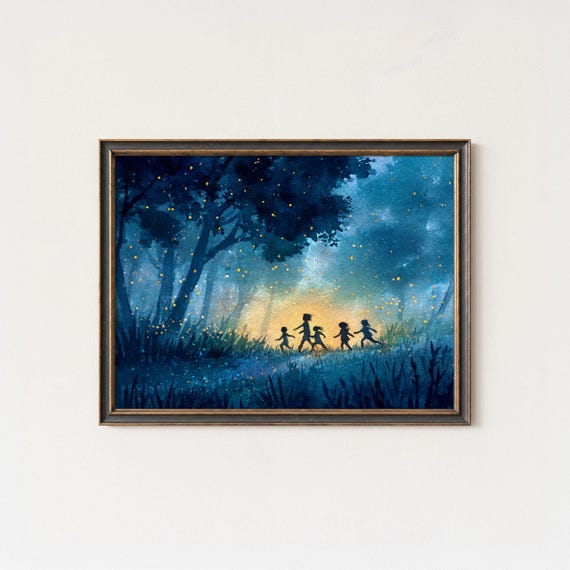 Children Playing Under Fireflies Wall Art Print Whimsical Night Forest Painting Magical Summer Memory In Blue And Gold
