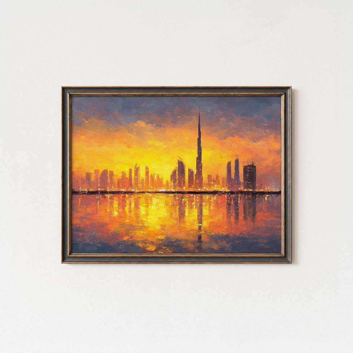 Dubai Sunset Skyline Burj Khalifa Golden Water Reflections Art Poster