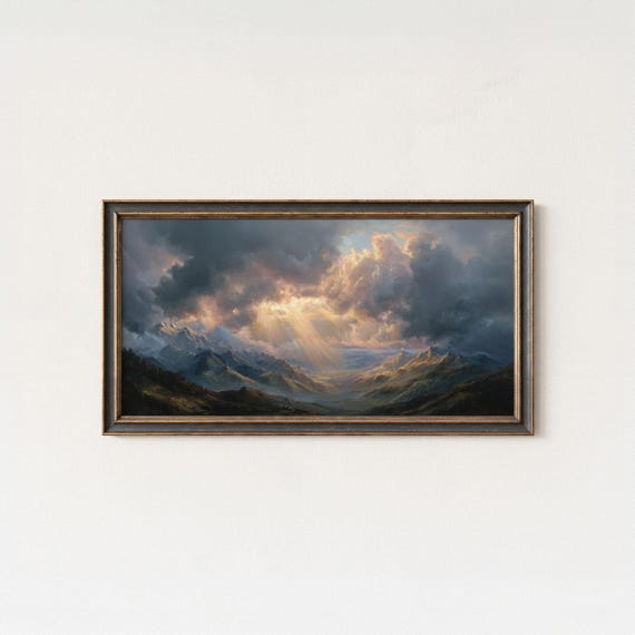 Dramatic Mountain Sunset Print Stormy Golden Sky Landscape Art