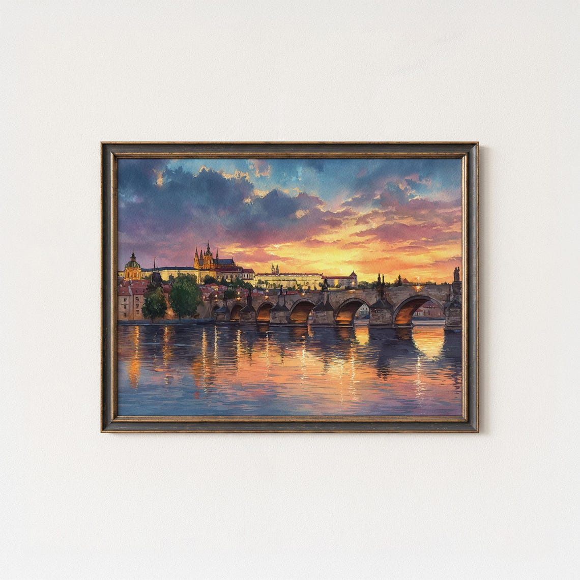 Prague Charles Bridge Sunset Watercolor River Reflections Czech Poster