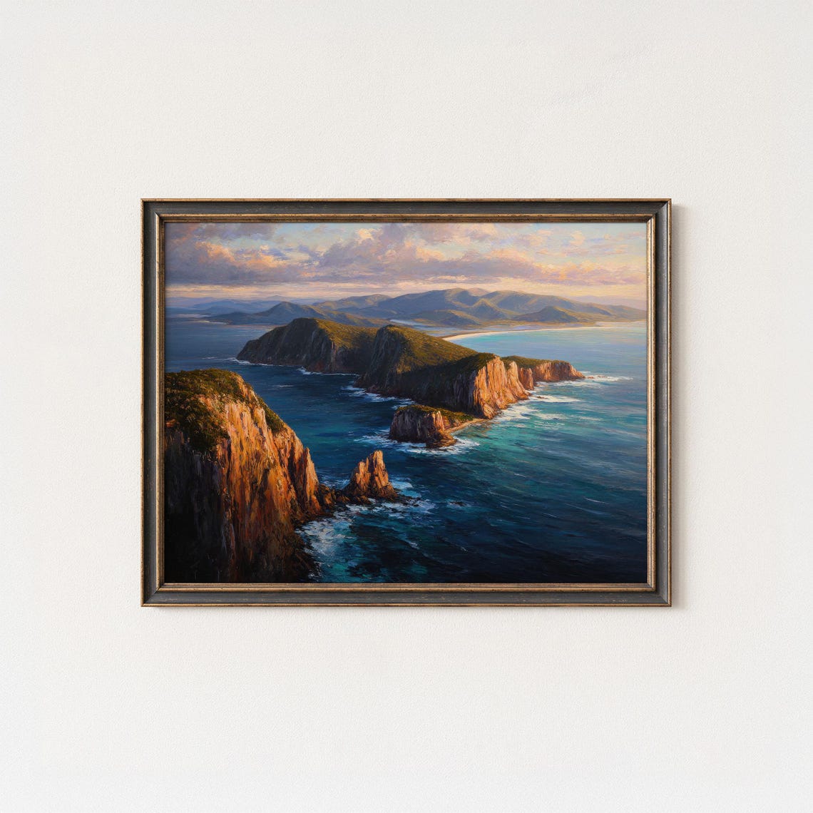 Majestic Golden Coastal Cliffs at Sunset Over Blue Ocean Poster