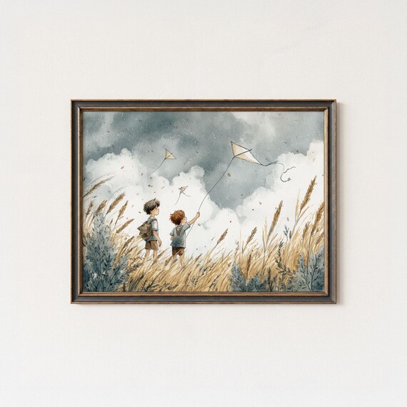 Children Flying Kites Wheat Field Stormy Sky Watercolor Art Poster