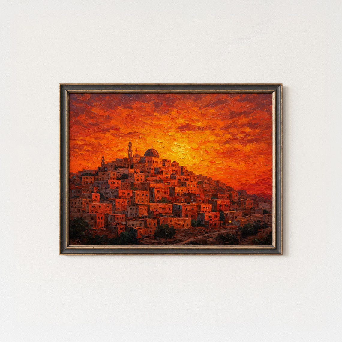 Fiery Sunset Over Middle Eastern Hill Town Mosque Minaret Art Poster