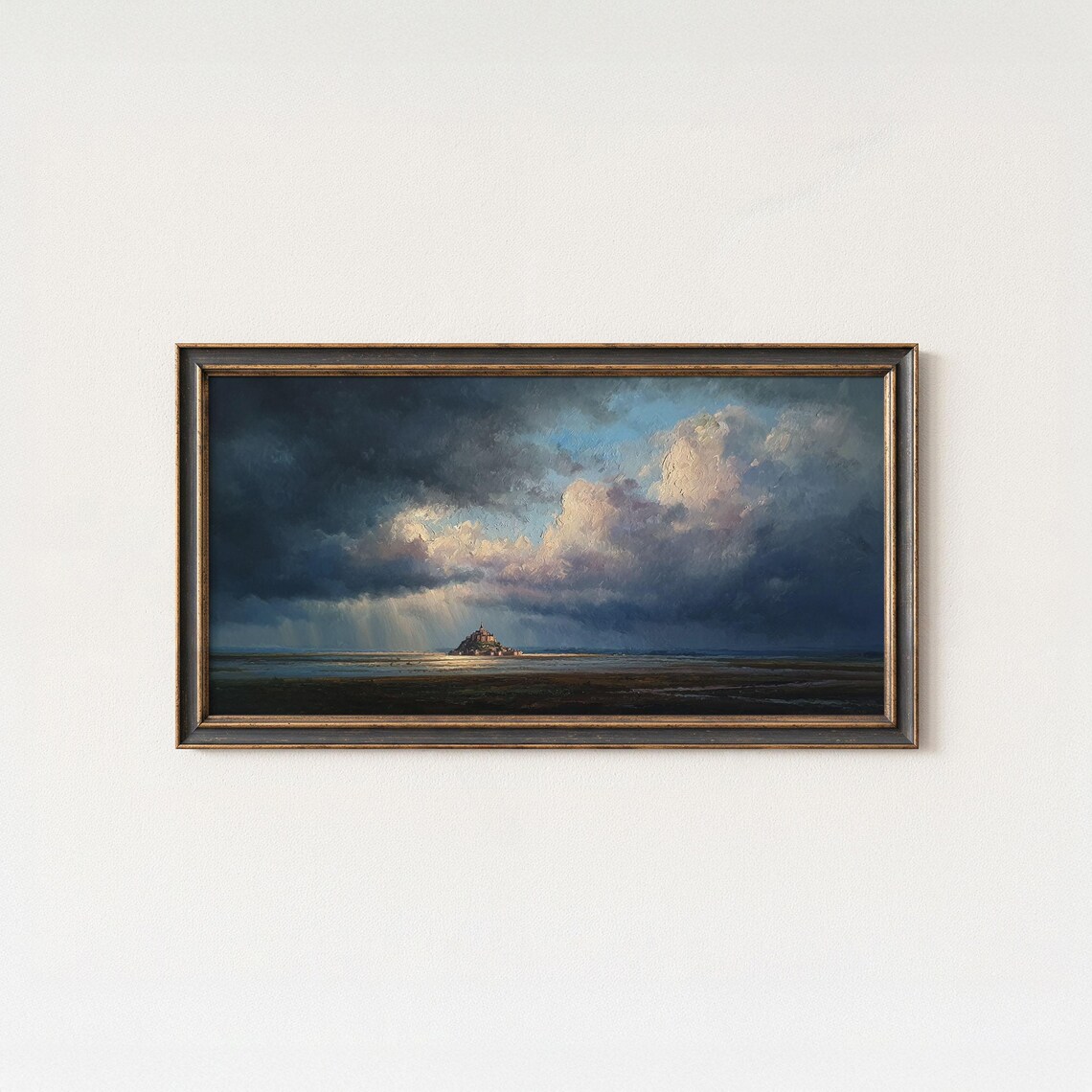 Mont Saint Michel Normandy Tidal Flats Dramatic Storm Cloud Oil Painting Poster