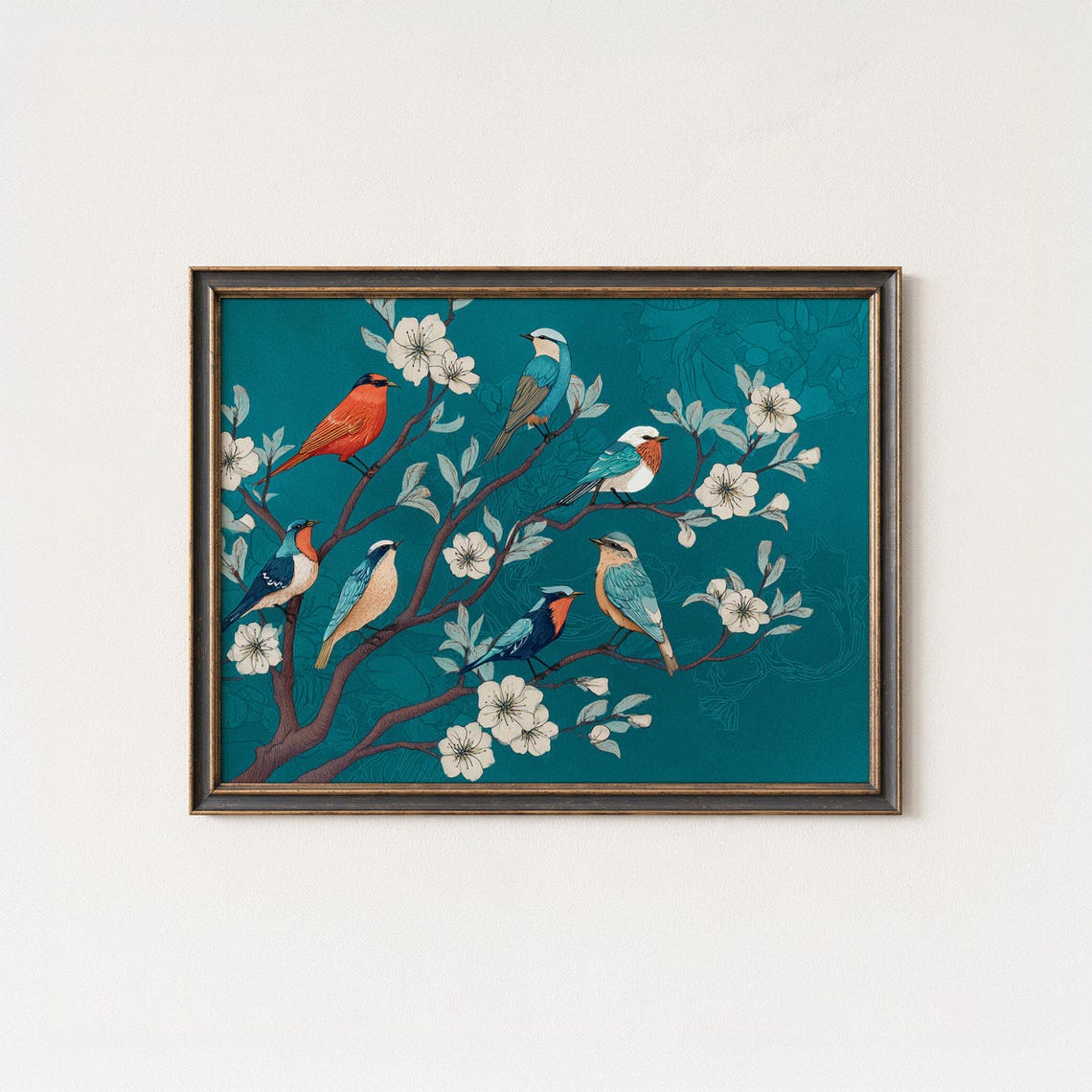 Seven Colorful Songbirds On Flowering Branches Teal Art Poster