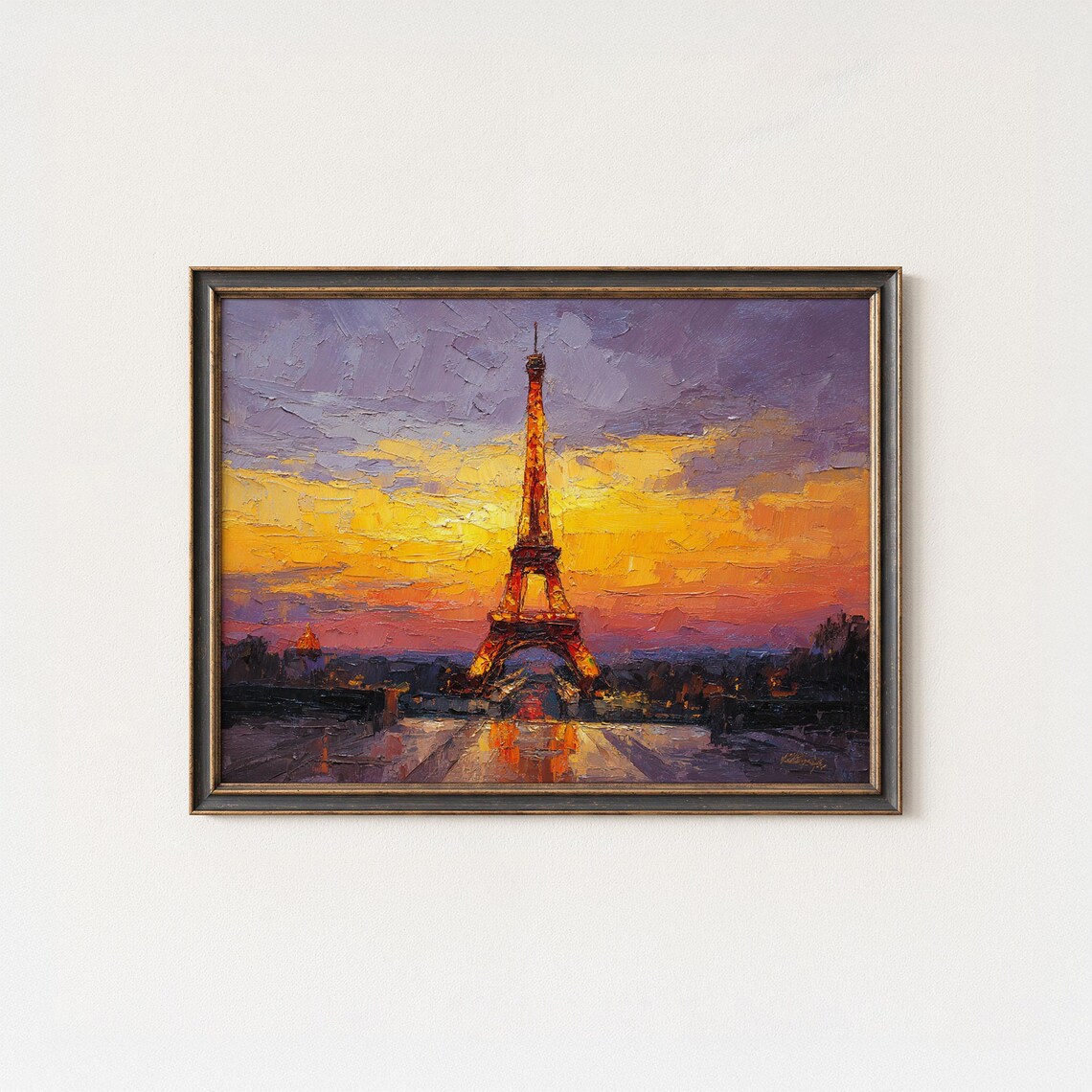 Eiffel Tower Paris Golden Sunset Palette Knife Oil Painting Poster