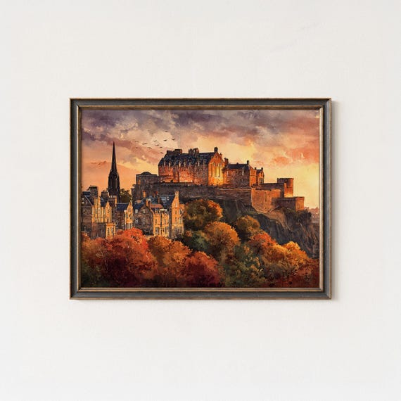 Edinburgh Castle Wall Art Scotland Watercolor Print Autumn Cityscape Painting Historic Travel Decor