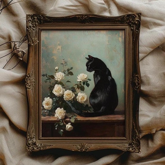 Black Cat Cottagecore Rose Painting Art Print