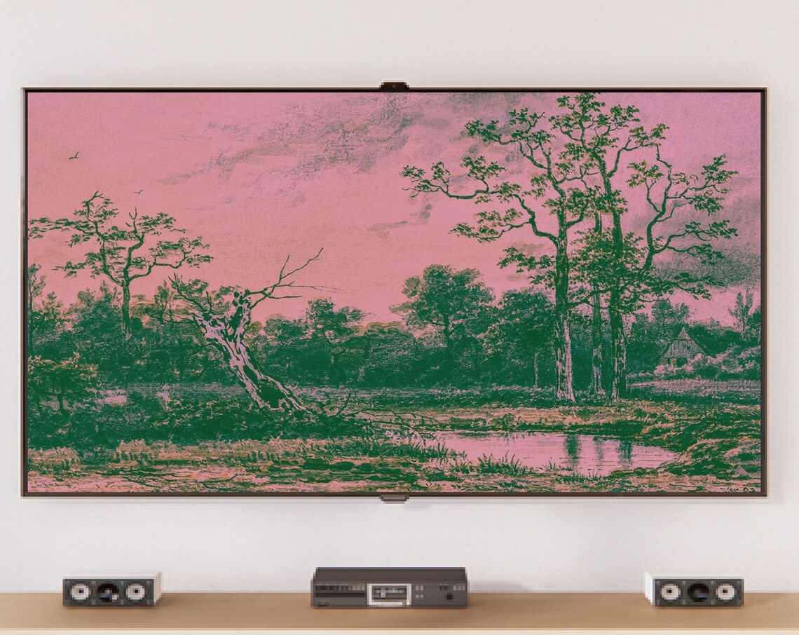 Pink Sky Green Forest Pond Funky Maximalist Altered Landscape Poster