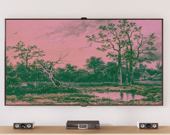Pink Sky Green Forest Pond Funky Maximalist Altered Landscape Poster
