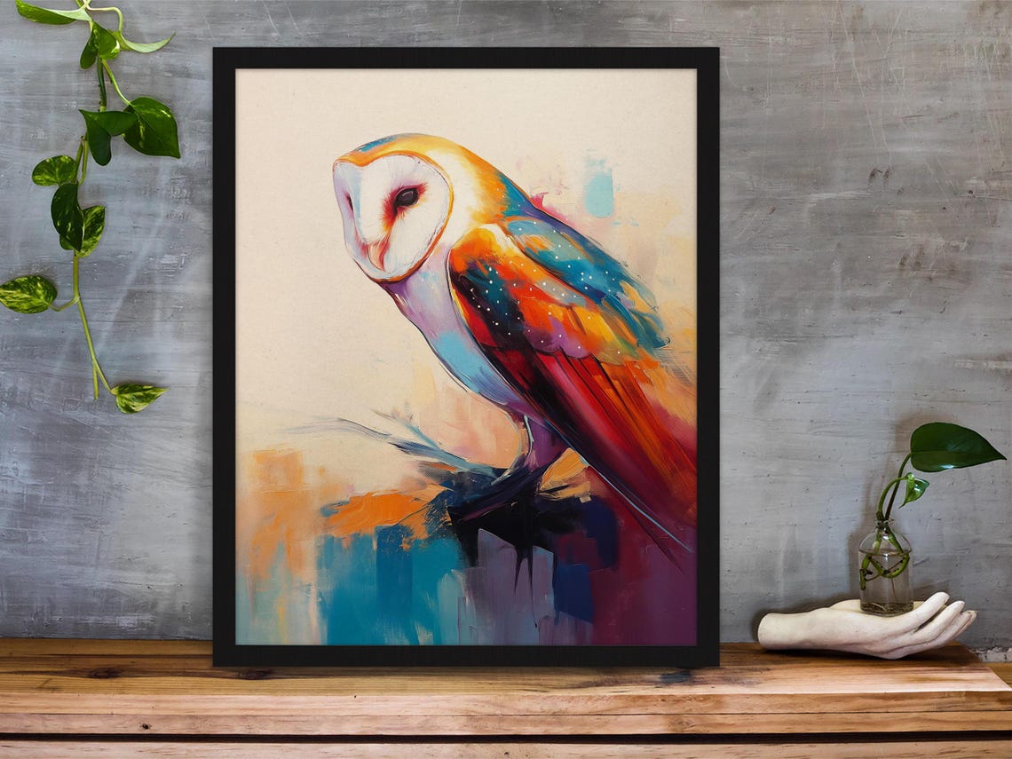 Barn Owl in Profile With Rainbow Painted Plumage on Cream Poster - Image 3
