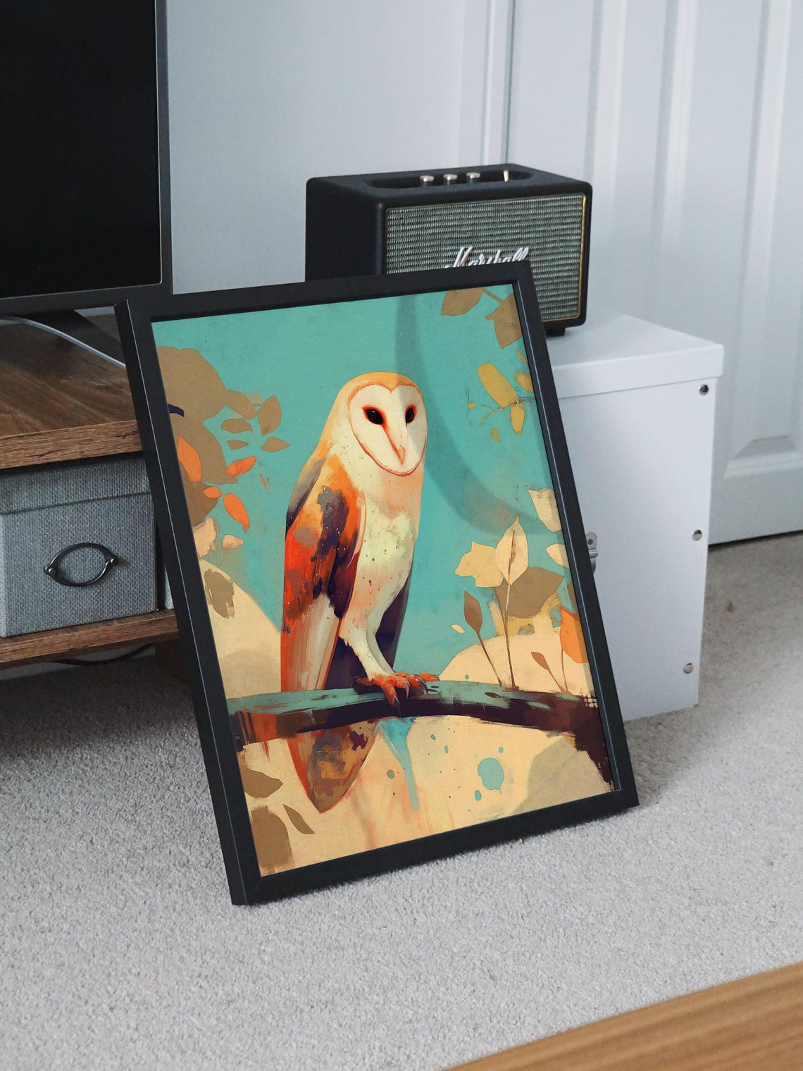 Barn Owl on a Branch in Teal and Coral Watercolor Style Poster - Image 8