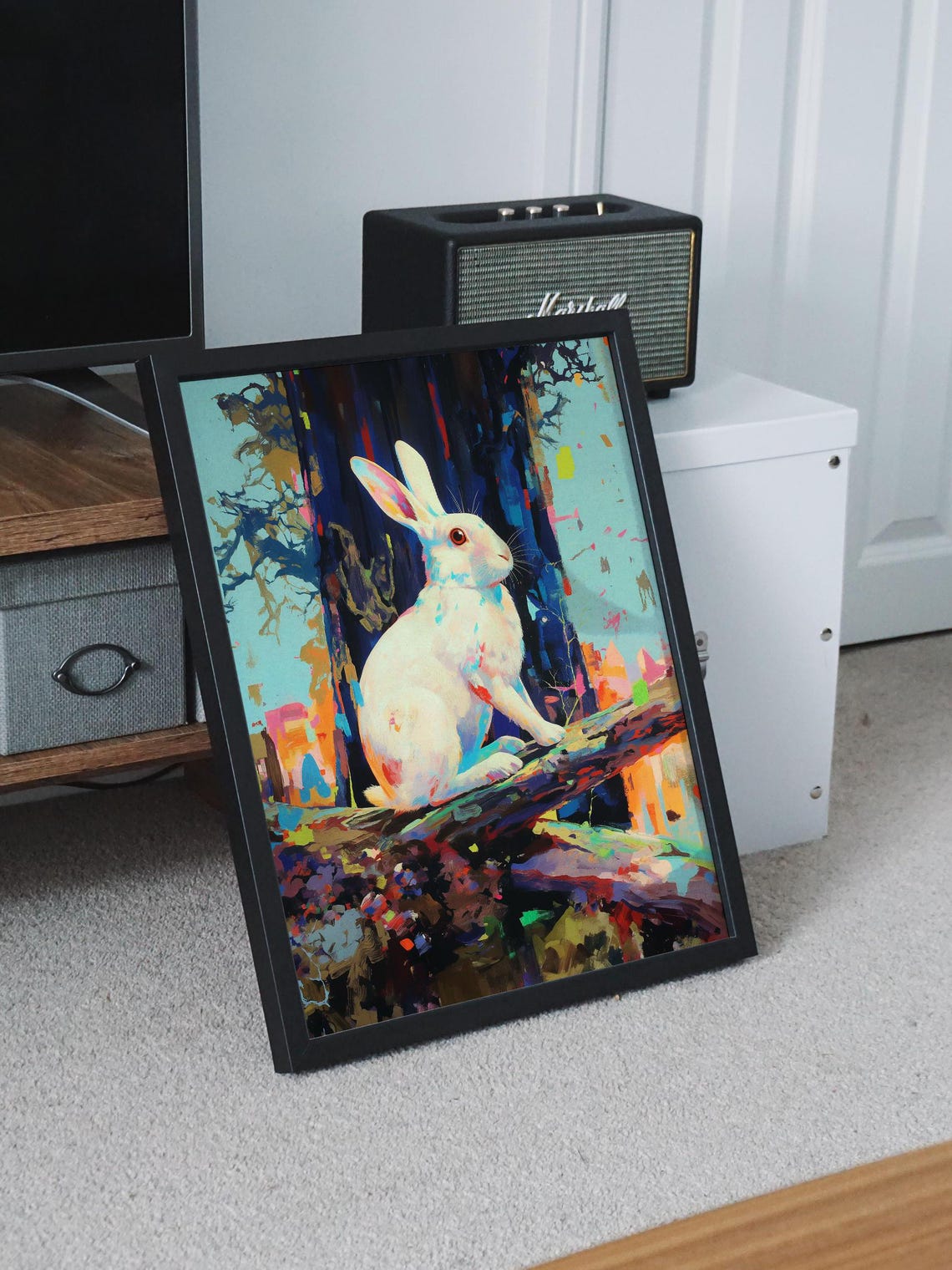 White Rabbit Sitting on a Branch With Colorful Abstract Forest Poster - Image 7