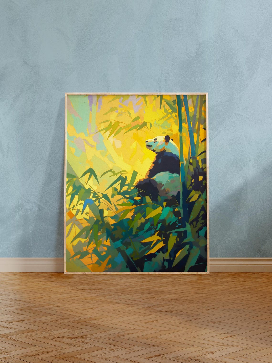 Giant Panda Sitting in a Golden Sunlit Bamboo Forest Painting Poster - Image 2