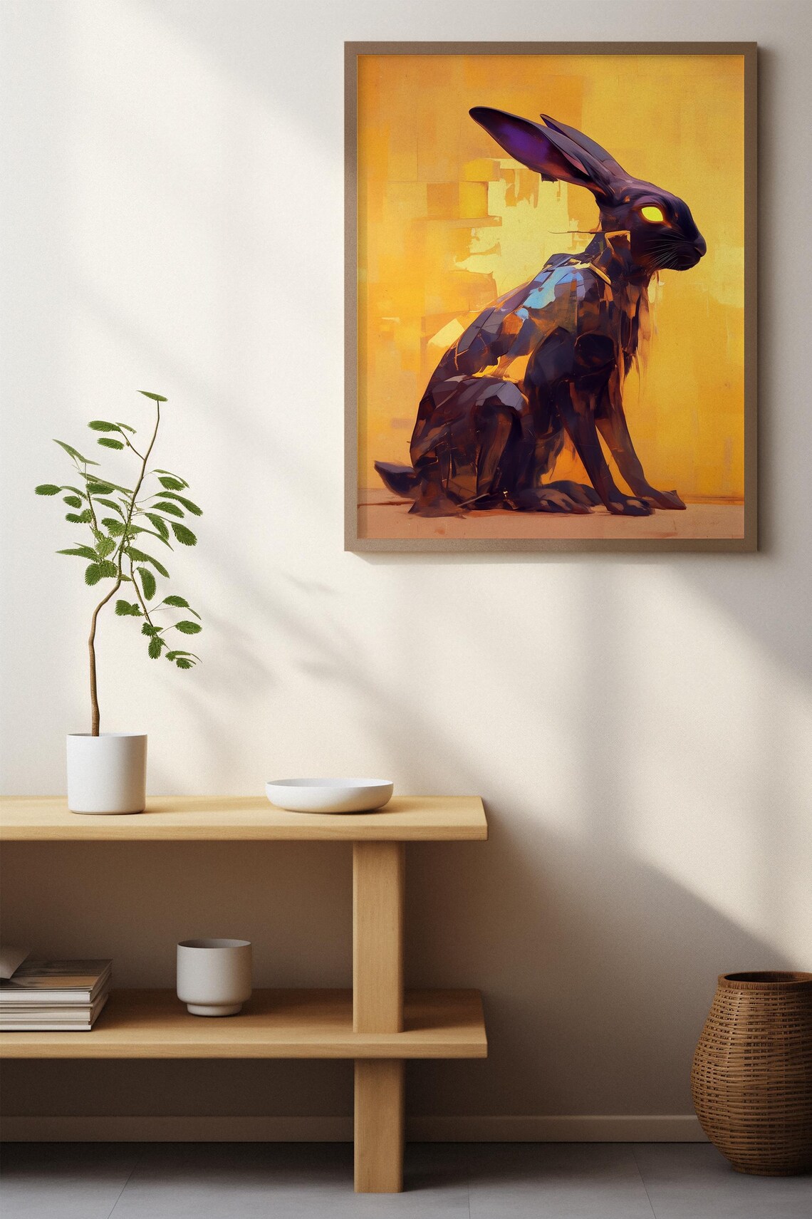 Dark Stylized Rabbit With Glowing Yellow Eyes on Golden Background Poster - Image 4