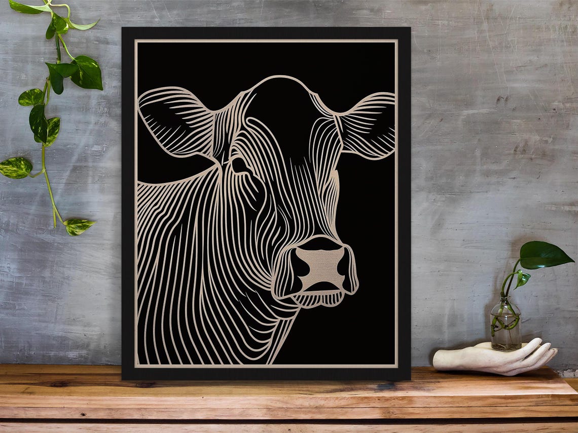 White Line Art Cow Head on a Dramatic Black Background Poster - Image 6