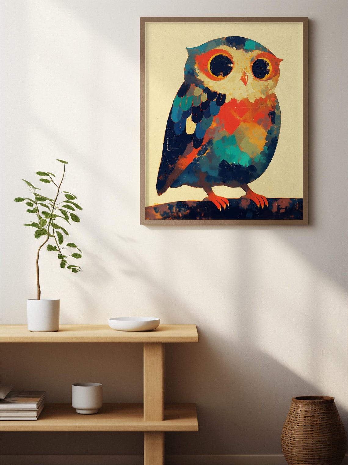 Cute Stylized Owl With Big Round Eyes in Teal and Orange Tones Poster - Image 3