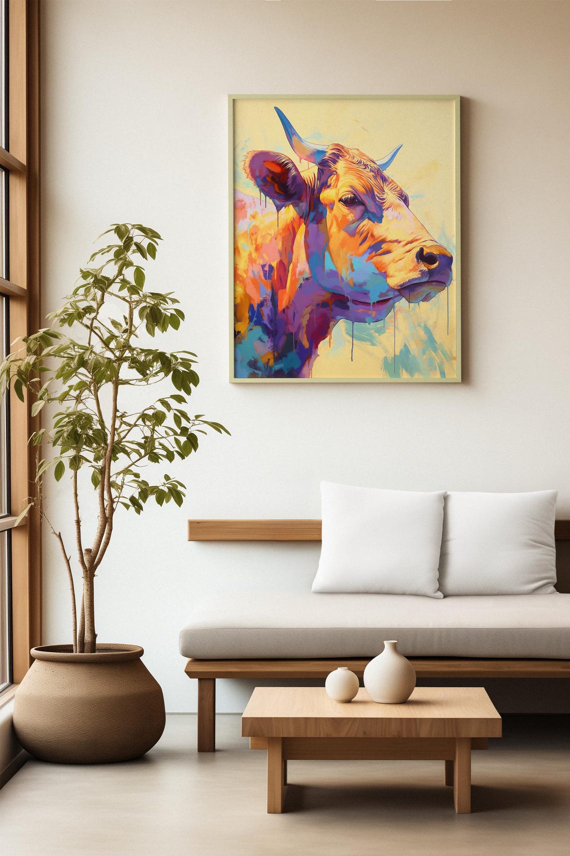 Golden Bull Profile in Orange and Blue with Paint Drips Poster - Image 2