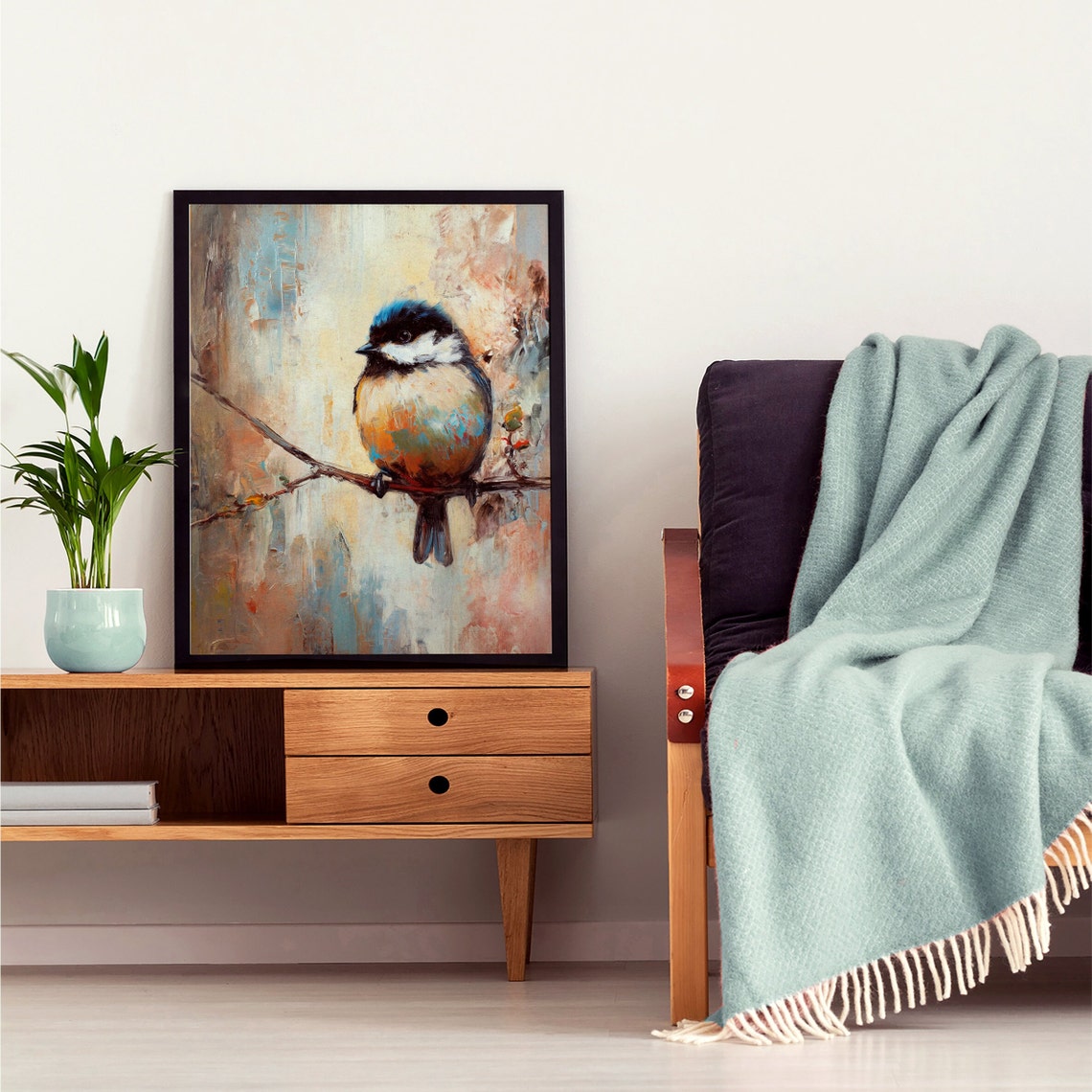Chickadee on Branch Impressionist Oil Painting Bird Art Poster - Image 7