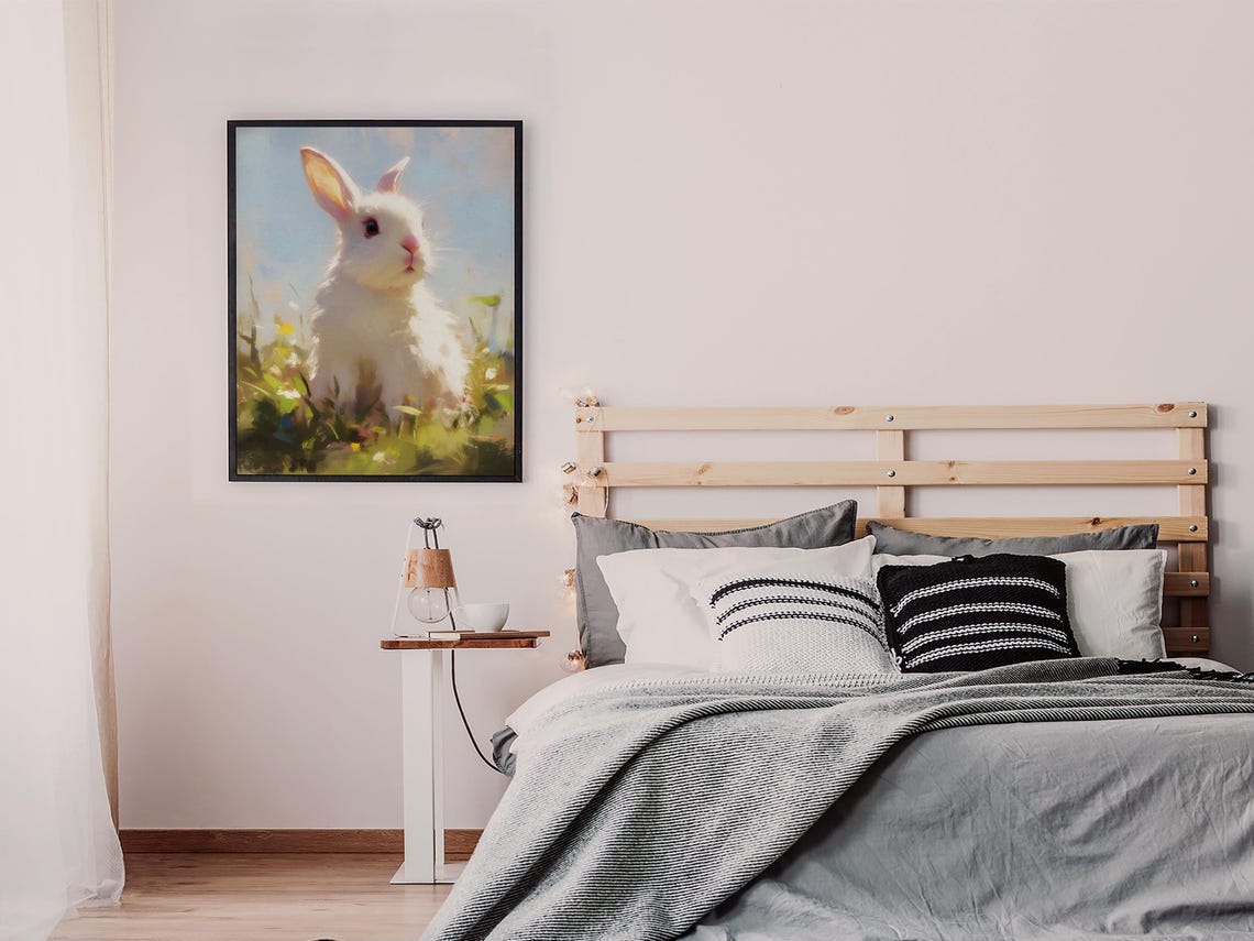 Sweet White Baby Bunny Sitting in a Sunny Flower Meadow Art Poster - Image 7