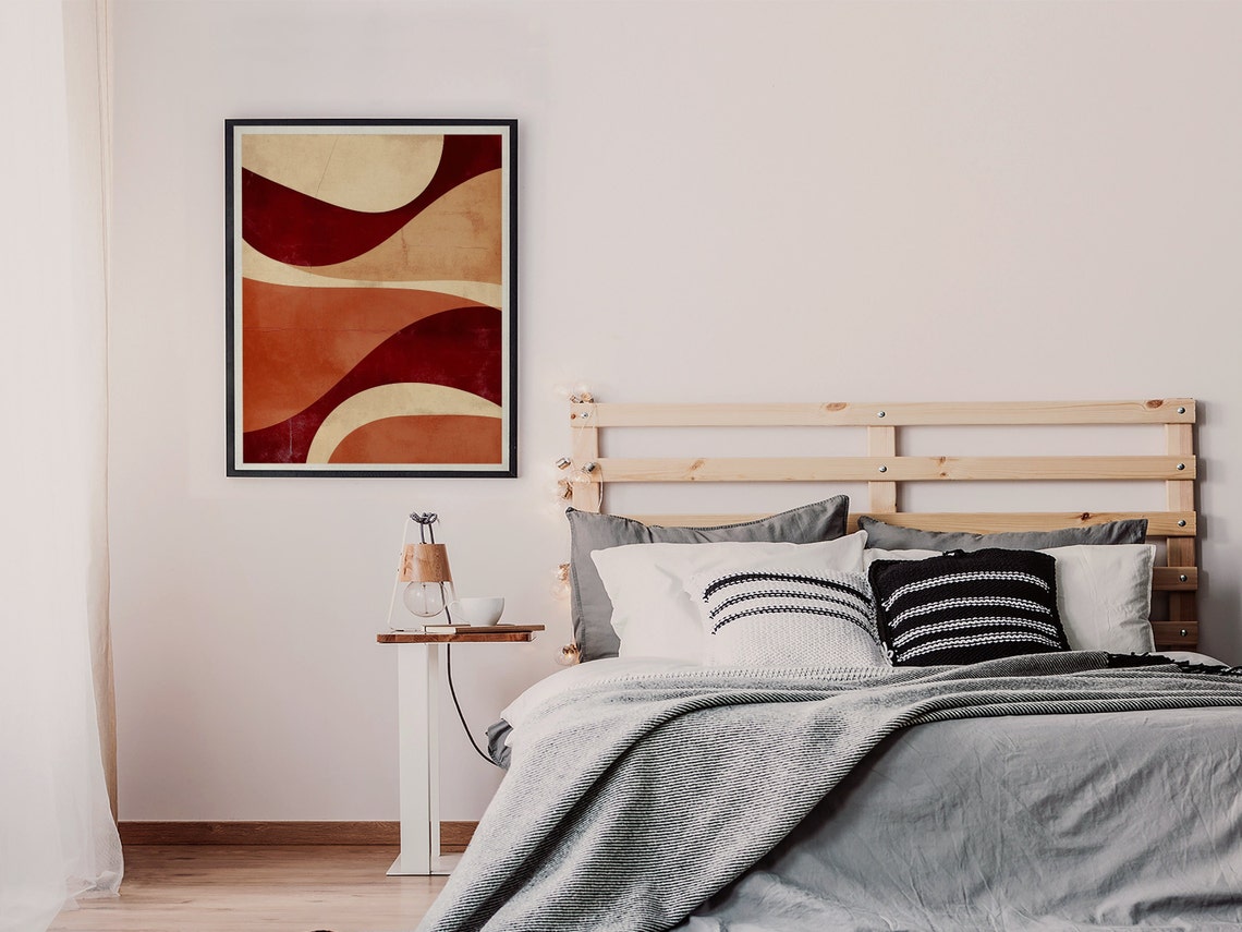 Burgundy Terracotta Cream Wavy Lines Mid Century Abstract Poster - Image 5
