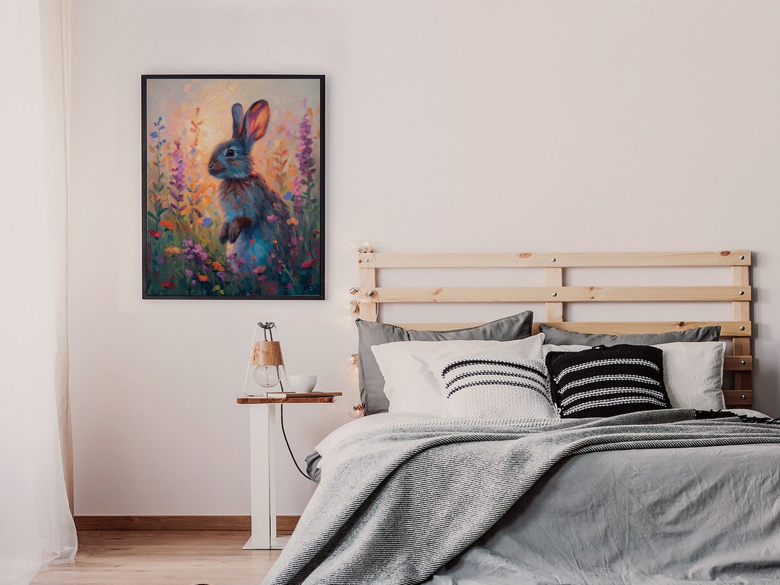 Bunny Rabbit in Lavender Meadow Sunset Oil Painting Art Poster - Image 5