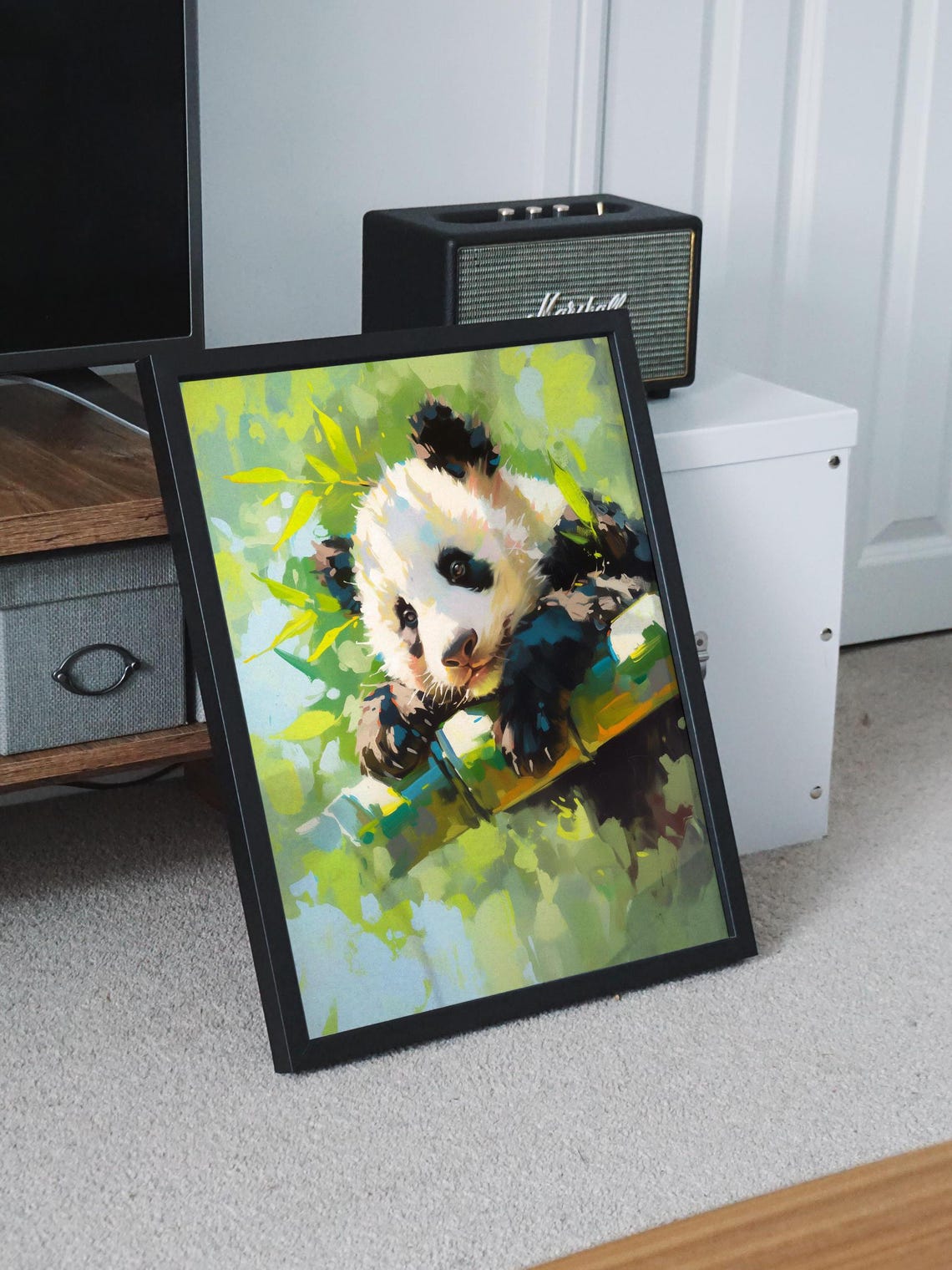 Cute Panda Cub Resting on Bamboo Among Soft Green Leaves Art Poster - Image 7