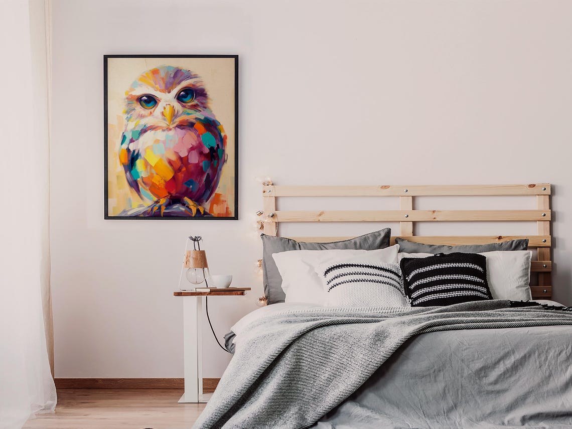 Colorful Mosaic Owl With Striking Blue Eyes on Cream Background Poster - Image 6