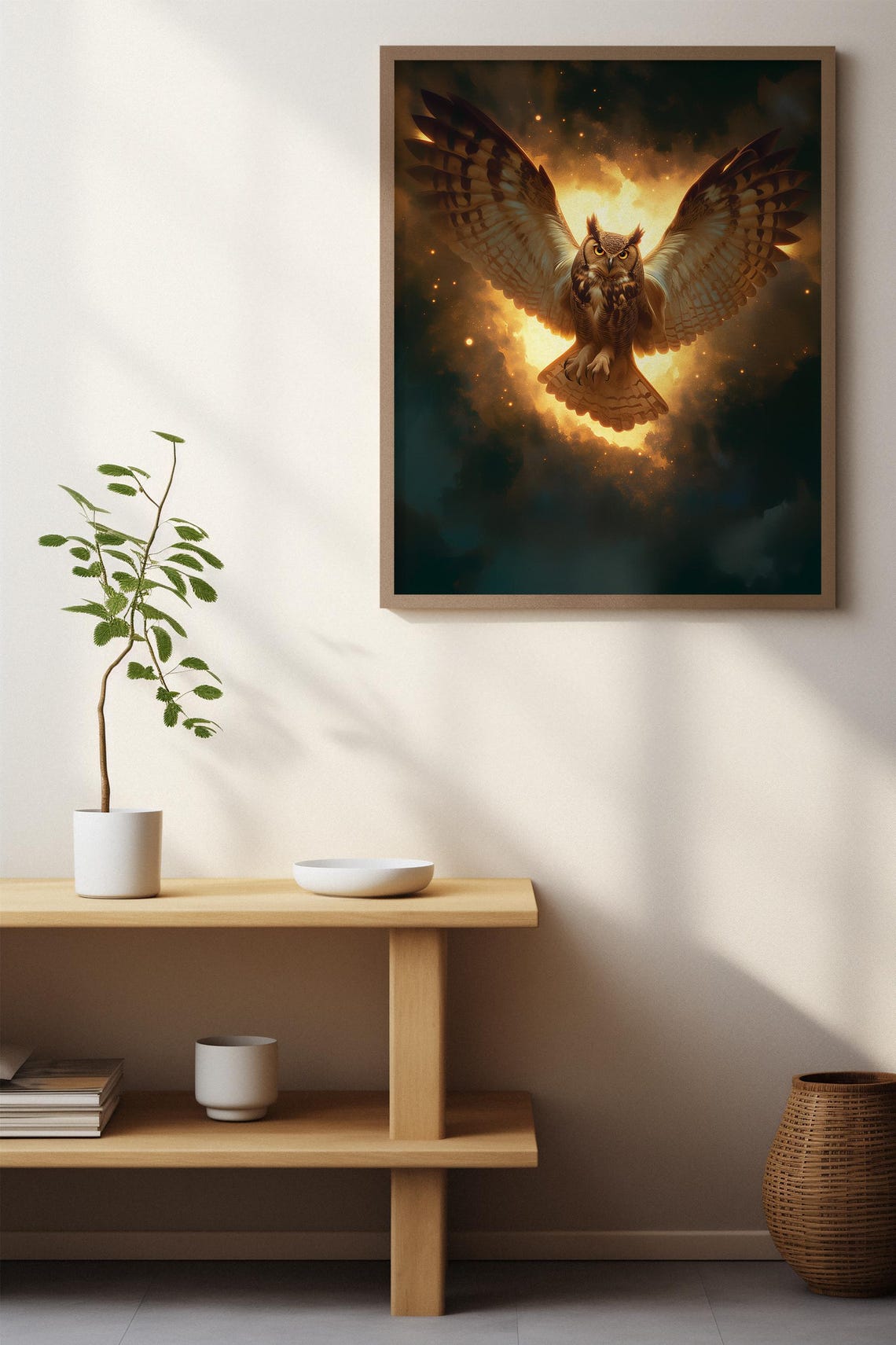 Majestic Great Horned Owl Soaring Through a Fiery Night Sky Poster - Image 7