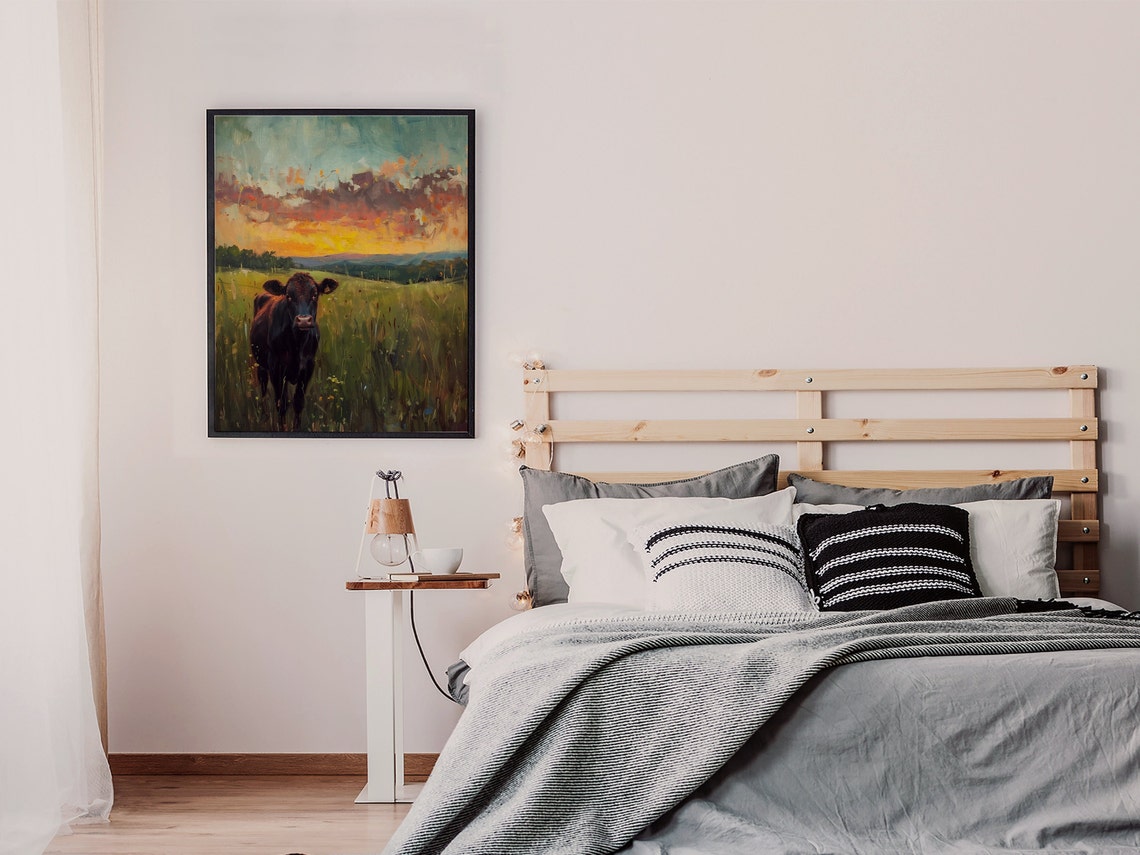 Black Cow in a Green Pasture Under a Beautiful Glowing Sunset Poster - Image 7