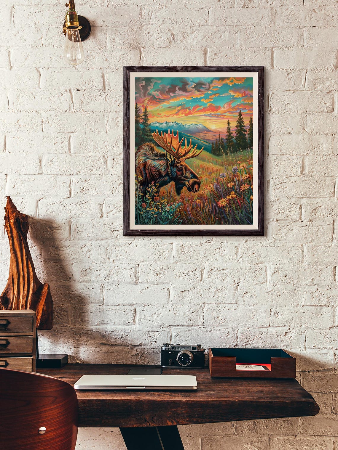 Moose in Wildflower Meadow Colorful Sunset Mountain View Poster - Image 3