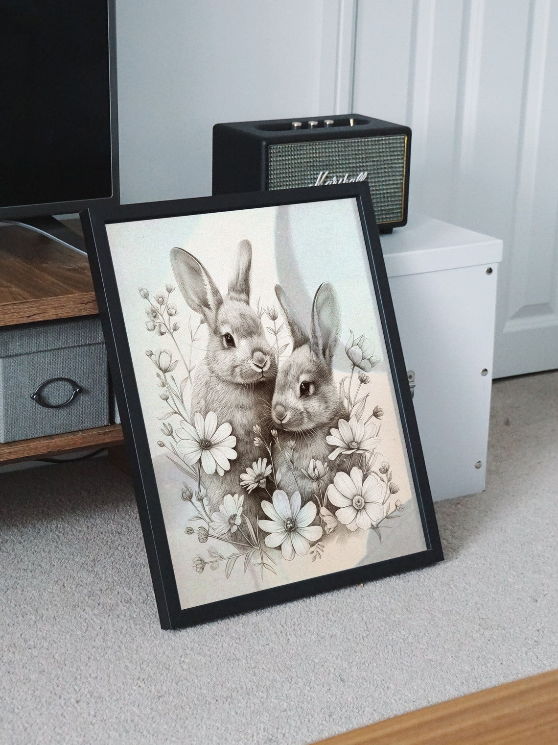 Two Rabbits Among Flowers Graphite Pencil Sketch Animal Poster - Image 8
