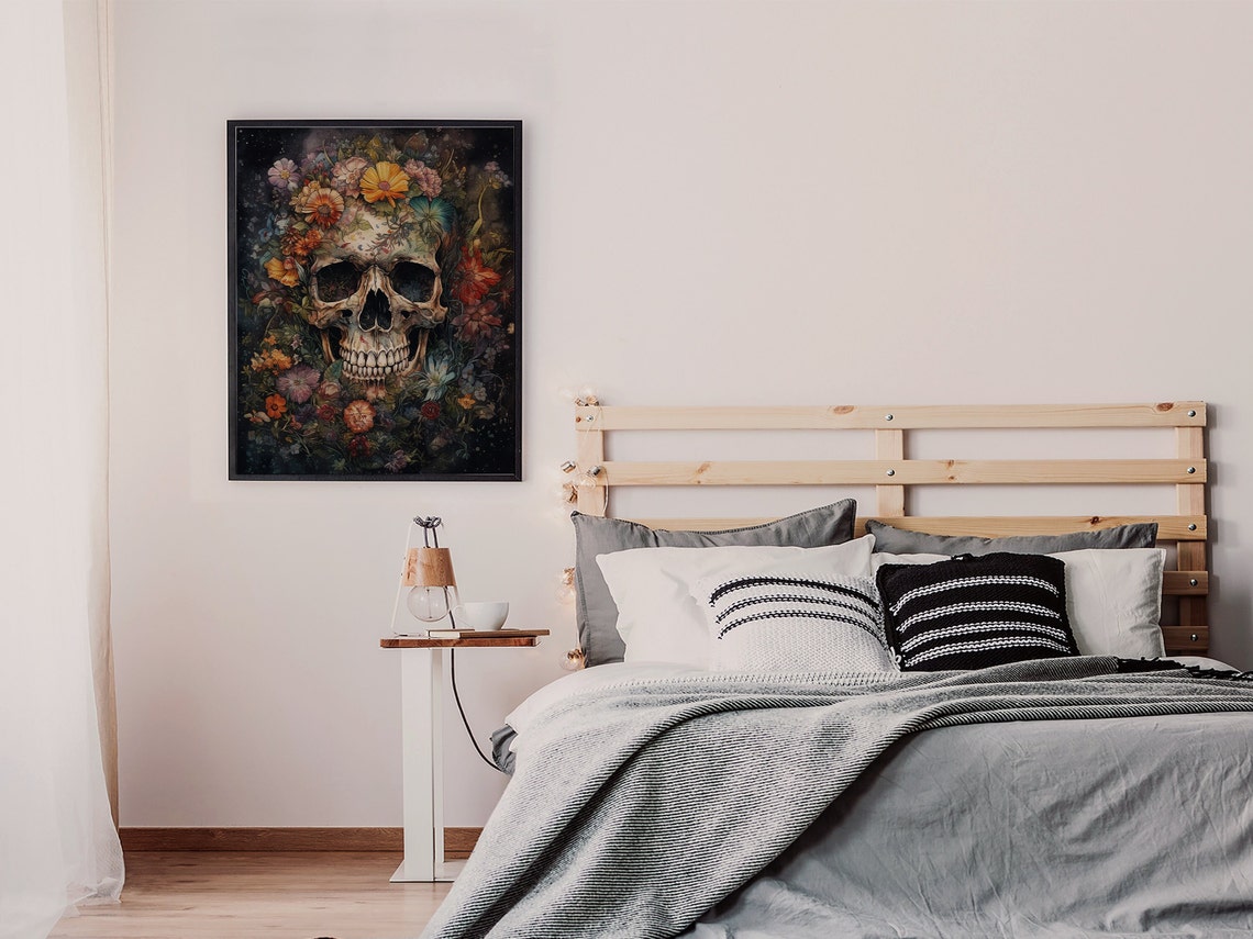 Floral Human Skull Colorful Surreal Day of the Dead Art Poster - Image 2
