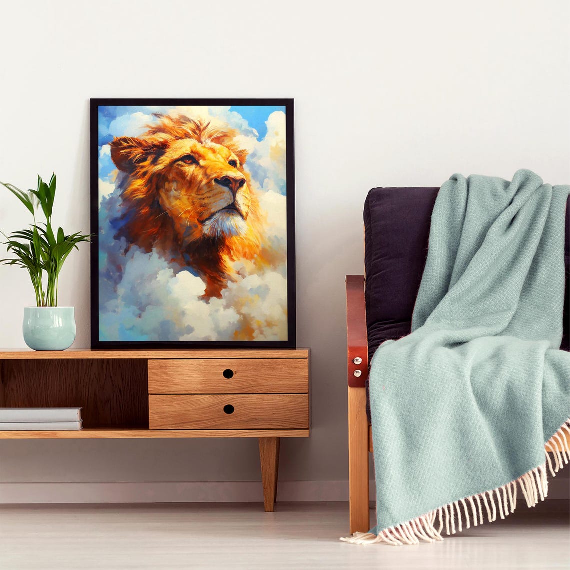 Noble Lion Emerging from Soft Clouds in a Bright Blue Sky Poster - Image 4