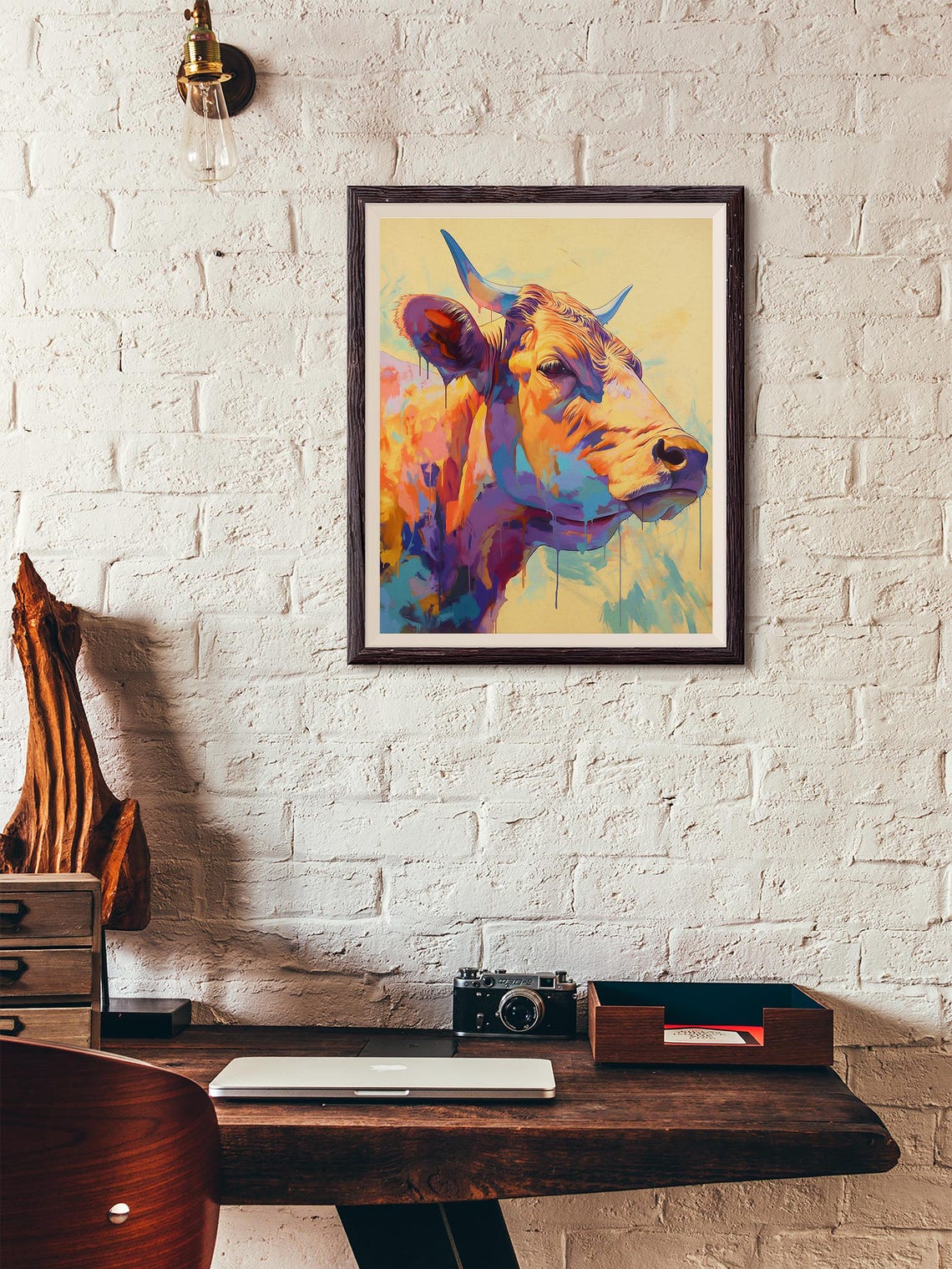 Golden Bull Profile in Orange and Blue with Paint Drips Poster - Image 4