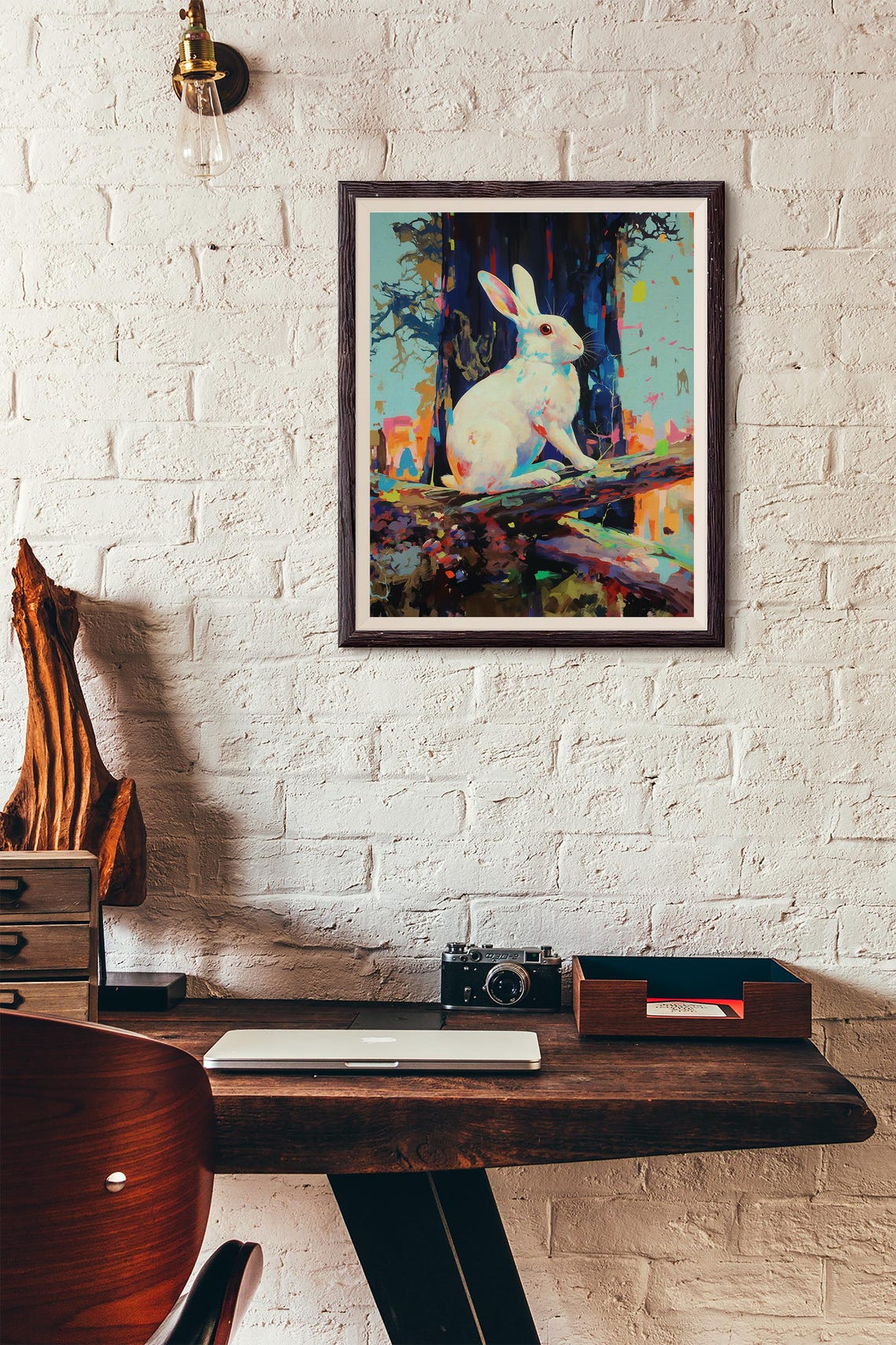 White Rabbit Sitting on a Branch With Colorful Abstract Forest Poster - Image 4