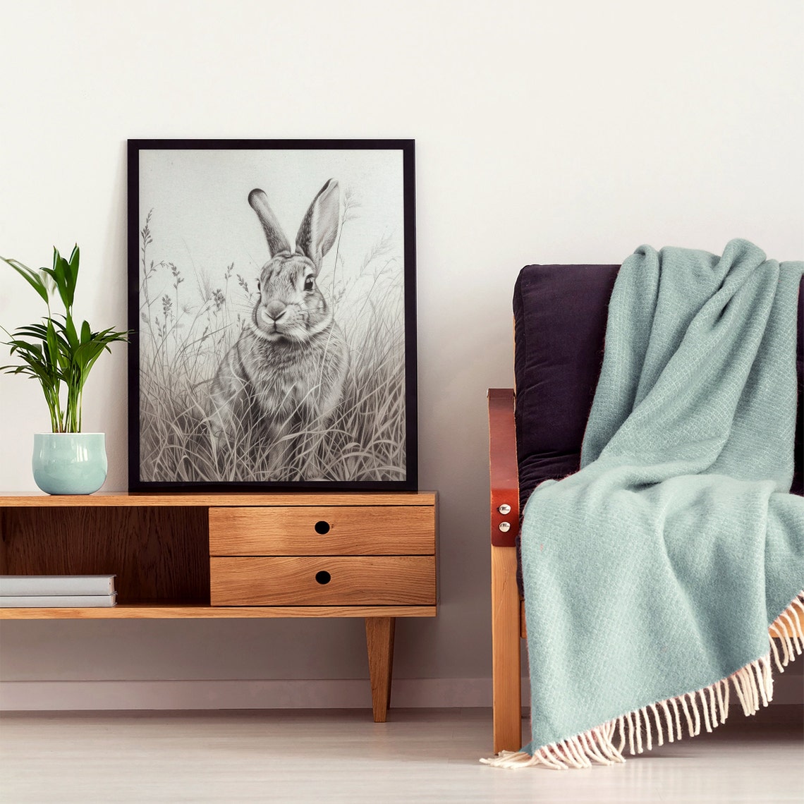 Hare Portrait in Meadow Grass Realistic Graphite Sketch Poster - Image 8