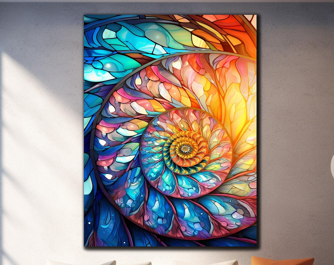Rainbow Nautilus Spiral Stained Glass Shell Ocean Inspired Wall Poster