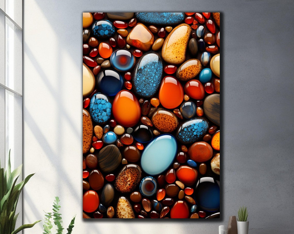 Glossy River Stones Orange Blue Red Dark Background Art Wall Poster