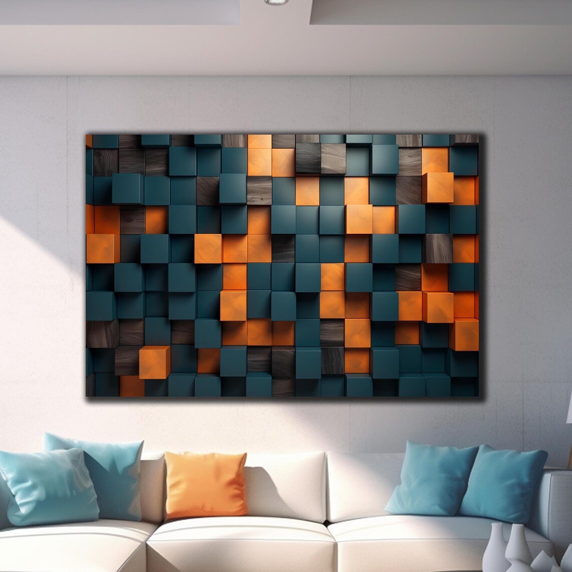 Dark Teal Bright Orange 3D Wooden Cube Block Abstract Wall Art