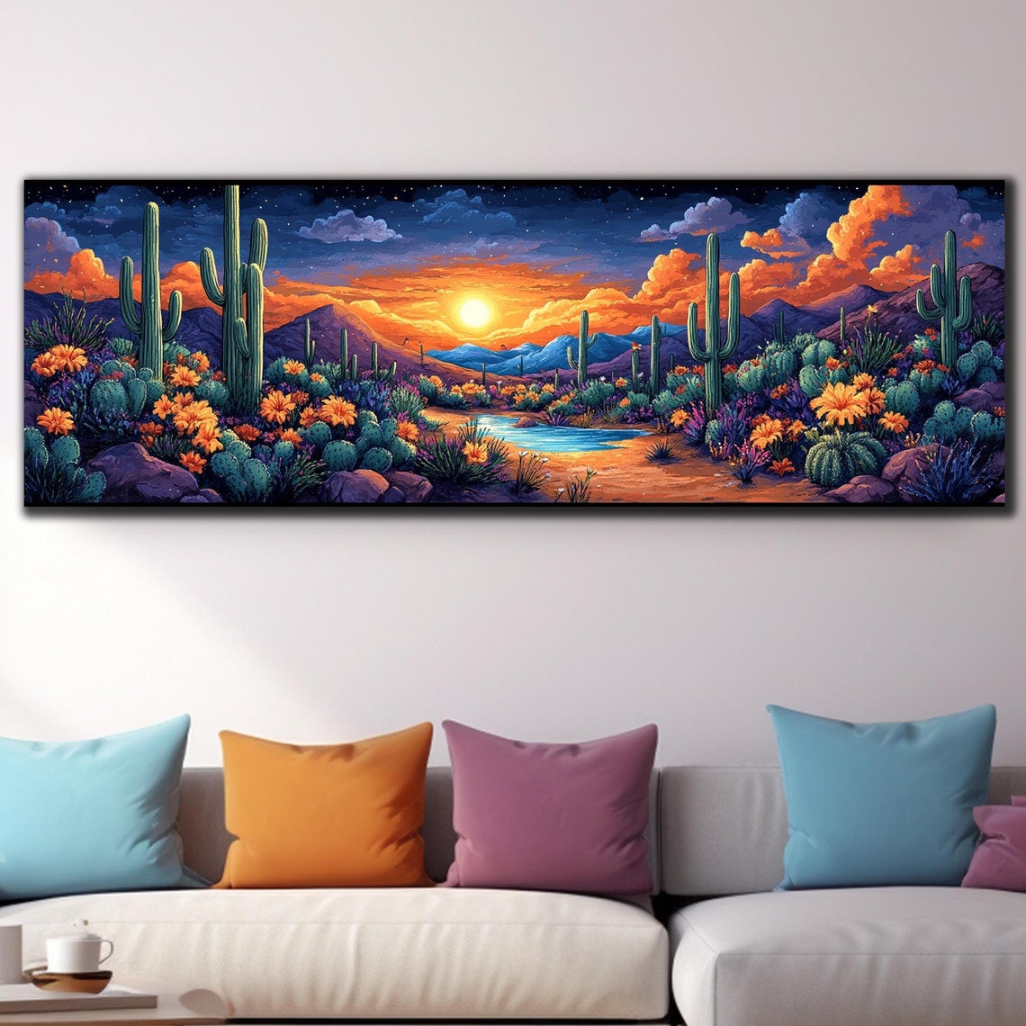 Blooming Desert Sunset Saguaro Cacti Wildflowers Pond Panoramic Poster