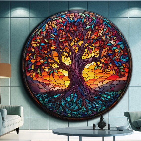 Tree Of Life Wall Art Tempered Glass Wall Decor Glass Printing Glass Large Wall Art Round Wall Decor Gift Tree Of Life Stained Glass